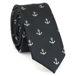 Купить узкий стильный мужской галстук черного цвета с узорами в виде якорей